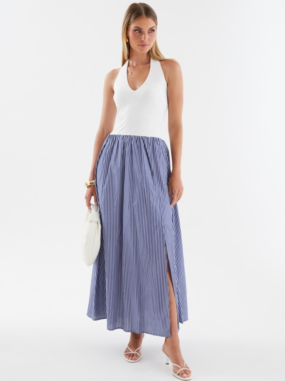 Mika Gala White Halter Blue Stripe Coastal Sunni Day Maxi Small